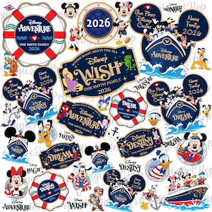 Puede incluir: Una colección de pegatinas con temática de cruceros Disney que incluye personajes como Mickey, Minnie, Donald y Pluto. Los diseños incluyen salvavidas, siluetas de barcos y textos como Disney Adventure, Wish, Dream, Destiny y 2026.