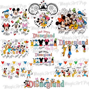 Puede incluir: Una colección de diseños coloridos de personajes de Disney, incluyendo Mickey Mouse, Minnie Mouse, Donald Duck y Goofy. Los diseños presentan el texto "Disneyland" y firmas de personajes, sobre un fondo blanco.