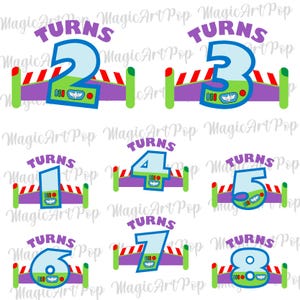 Könnte beinhalten: Eine Sammlung farbenfroher digitaler Grafiken zum Geburtstag. Jede Grafik zeigt eine Zahl von 2 bis 8 mit dem Wort "TURNS" darüber. Die Designs verwenden grüne, lila, rote und blaue Elemente, die einem Spielzeug ähneln.