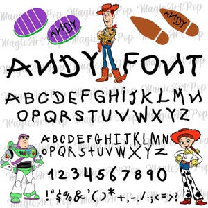 Puede incluir: Un conjunto de fuentes digitales con el estilo manuscrito del nombre Andy, que incluye letras mayúsculas de la A a la Z, números del 0 al 9 y varios signos de puntuación. La imagen incluye ilustraciones de Woody, Buzz Lightyear y Jessie.