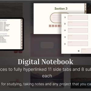 Puede incluir: Un cuaderno digital con 11 pestañas laterales y 8 subsecciones. El cuaderno está diseñado para tomar notas, estudiar y organizar proyectos. El texto "Section 3" es visible en la parte superior de la página.