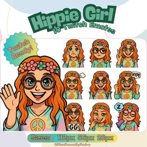 Pode incluir: Um conjunto de 10 emotes do Twitch com uma garota hippie de desenho animado com cabelo ruivo, óculos redondos e uma coroa de flores. Os emotes mostram diferentes expressões, incluindo choro, raiva e um sinal de paz. A imagem inclui o texto "Hippie Girl 10 Twitch Emotes".