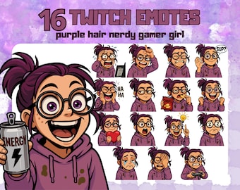 16x lila hår nördig gamertjej Twitch-emotes | Direkt nedladdning | Transparent PNG