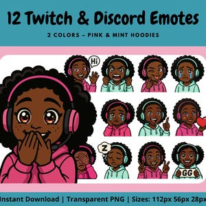 12 Twitch Emotes & Discord Emotes Pack – Cute Black Girl Emote Bundle, Afro Girl Character, 2 Colors (Pink + Mint Hoodies), Instant Download