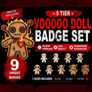 Op de afbeelding: Zwarte afbeelding met een voodoopop met vlammen en negen unieke badge-ontwerpen. De tekst luidt "Voodoo Doll Badge Set" met "9 Tier" en "3 Sizes Included". Bevat de tekst "Perfect for Twitch & Discord!"
