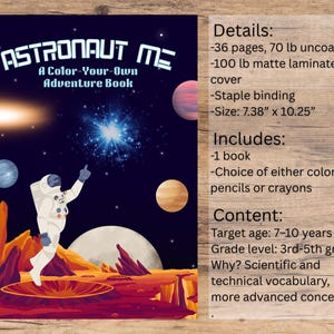 Può includere: Un libro di avventure da colorare intitolato Astronaut Me con una copertina a tema spaziale che mostra un astronauta su un pianeta rosso, pianeti e stelle. Il libro ha 36 pagine, una copertina opaca, rilegatura a punto metallico, 18,75 x 26,04 cm.