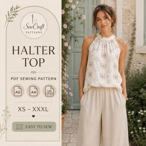 Peut inclure: Un patron de couture PDF numérique pour un haut dos nu, avec le logo SewCraft Patterns, des tailles XS à XXXL, et des icônes pour les formats A0, A4 et US Letter. L'image montre un haut dos nu blanc avec un motif floral marron.