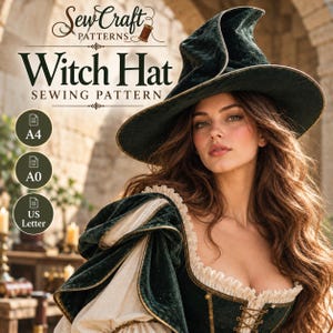 Puede incluir: Un patrón de costura digital para un sombrero de bruja titulado SewCraft Patterns Witch Hat Sewing Pattern. La imagen muestra iconos para tamaños de papel A4, A0 y US Letter. Una persona lleva un sombrero de bruja de terciopelo verde oscuro.