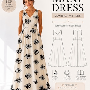 Peut inclure: Un patron de couture pour robe longue sans manches à col en V de SewCraft Patterns. La robe beige présente un motif floral noir et un ourlet à pompons. Le patron numérique inclut les tailles XS-5XL, US 2-30 et EU 32-60, avec des schémas techniques, des caractéristiques et des instructions pour l'impression A4, A0 et US Letter.