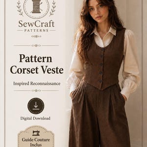 May include: A digital sewing pattern titled SewCraft Patterns Pattern Corset Veste Inspired Reconnaissance featuring a brown button-up vest and matching trousers. The graphic includes a download icon and a label for Guide Couture Inclus.