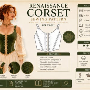 Op de afbeelding: Een digitaal naaipatroon voor een Renaissance korset, maten XS-3XL. Inclusief een gelaagd PDF, aparte bestanden per maat en geïllustreerde instructies. Voorzien van een sluiting met busk, prinsessennaden, verstelbare schouderbandjes en vetersluiting.