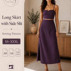 Könnte beinhalten: Ein Schnittmuster für einen langen Rock mit Seitenschlitz, mit dem Text Sew Craft Patterns, Long Skirt with Side Slit, Sewing Pattern, XS-XXXL, A0, A4, US Letter und Easy Sewing Pattern. Das Bild zeigt ein dunkelviolettes zweiteiliges Set.