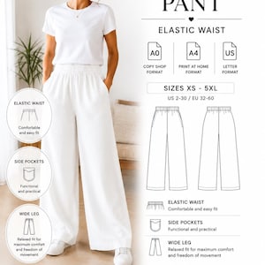 Peut inclure: Un patron de couture PDF pour pantalon large avec taille élastique et poches latérales. Le document inclut des formats A0, A4 et US Letter pour les tailles XS-5XL, EU 32-60. Il comprend des instructions illustrées, un fichier PDF par couches et un niveau débutant à intermédiaire.