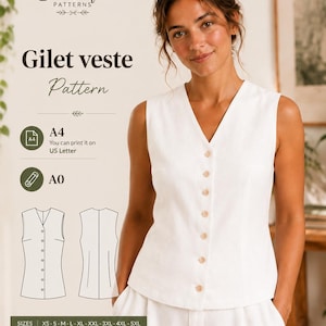 Vest Sewing Pattern PDF | V-Neck Button-Up Linen Gilet | Tailored Waistcoat Pattern | XS-5XL | A4, A0 & US Letter