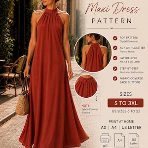 Peut inclure: Un patron de robe longue dos nu couleur rouille en téléchargement numérique pour les tailles S à 3XL, tailles US 6 à 22. Le modèle inclut des boutons recouverts de tissu, des instructions illustrées et des formats A0, A4 et US Letter.