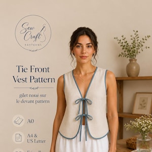 May include: A sleeveless beige vest with blue trim and two tie-front closures. The text on the image reads Sew Craft PATTERNS, Tie Front Vest Pattern, gilet noué sur le devant pattern, A0, A4 & US Letter, and Friendly Pattern.