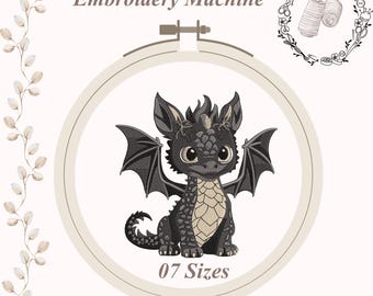 かわいい黒龍の刺繍デザイン – ベビードラゴンのパターン – ファンタジーの生き物 – ミシン刺繍ファイル – 7つのサイズ – 即時ダウンロード。