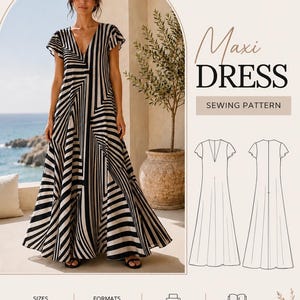 Puede incluir: Un patrón de costura digital para un vestido largo de SewCraft Patterns. El diseño presenta un escote en V y mangas con volantes con un patrón de rayas geométricas en blanco y negro. Incluye dibujos técnicos, tallas XS-5XL y formatos PDF.