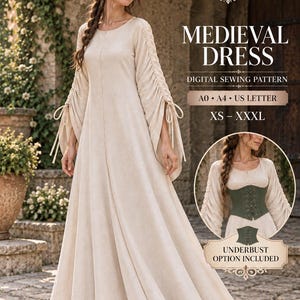 Puede incluir: Un patrón de costura digital para un vestido medieval beige hasta el suelo con mangas fruncidas y lazos. El texto dice SEWCRAFT PATTERNS MEDIEVAL DRESS DIGITAL SEWING PATTERN A0 A4 US LETTER XS-XXXL. Incluye opción de bajo busto.