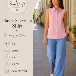 Sleeveless Shirt Sewing Pattern PDF | Classic Button-Up Blouse Pattern | Women’s Collared Top | Easy Sewing Pattern | XS–3XL