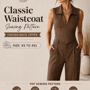 Peut inclure: Un patron de couture numérique pour un gilet classique avec fermeture éclair dissimulée au dos, incluant le texte SewCraft Patterns, Classic Waistcoat Sewing Pattern, Hidden Back Zipper, Size: XS to 4XL, PDF Sewing Pattern, A0, A4, US Letter, Projector Friendly.