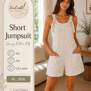 Peut inclure: Une combinaison courte avec une base blanche et un petit motif floral marron, dotée d'une encolure dégagée, de larges bretelles avec des détails à nouer et deux poches avant. Le texte indique SewCraft PATTERNS Short Jumpsuit Sewing Pattern Pdf.
