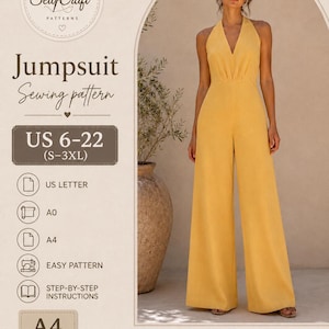 Peut inclure: Un patron de couture numérique pour une combinaison jaune moutarde à encolure américaine, jambes larges et décolleté en V. Le document contient le texte : SewCraft PATTERNS, Jumpsuit Sewing pattern, US 6-22 (S-3XL), US LETTER, A0, A4, EASY PATTERN, STEP-BY-STEP INSTRUCTIONS, A4.