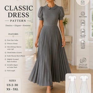 Peut inclure: Un patron de couture numérique pour une robe classique de SewCraft Patterns. Le modèle présente un col claudine, des manches courtes bouffantes avec poignets, des coutures princesse, un corsage ajusté et une jupe longue à plis plats. Tailles US 2-30 et XS-5XL, formats PDF, A4 et A0 disponibles en téléchargement immédiat.