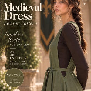 Könnte beinhalten: Ein Schnittmuster für ein mittelalterliches Kleid von SewCraft Patterns. Das Cover enthält den Text "Medieval Dress Sewing Pattern", "A4, A0, US LETTER" und "XS - XXXL". Das Design zeigt ein ärmelloses, olivgrünes Kleid mit Taillenband.