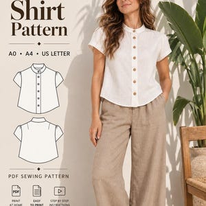 Peut inclure: Un patron de couture numérique pour une chemise à manches courtes avec un col officier et une fermeture boutonnée sur le devant. Le document comprend des dessins techniques du devant et du dos, marqués A0, A4 et US Letter, avec des icônes.