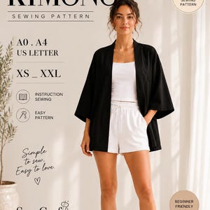 Peut inclure: Un patron de couture pour un kimono noir, avec le texte KIMONO SEWING PATTERN, A0, A4, US LETTER, XS-XXL, INSTRUCTION SEWING, EASY PATTERN, Simple to sew, Easy to love, SewCraft PATTERNS et BEGINNER FRIENDLY.