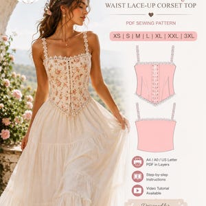 Romantic Floral Basque Waist Lace-Up Corset Top PDF Sewing Pattern | Cottagecore Bustier Cami | XS–3XL | Digital Download