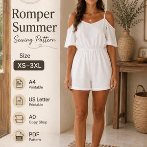 May include: A white cold-shoulder romper with short sleeves and an elasticized waist. Text on the image reads: SewCraft Patterns, Romper Summer Sewing Pattern, Size XS-3XL, A4 Printable, US Letter Printable, A0 Copy Shop, PDF Pattern, Easy to Sew.