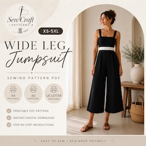 Op de afbeelding: Een PDF-naaipatroon voor een jumpsuit met wijde pijpen van Sew Craft Patterns. Het ontwerp toont een zwarte jumpsuit met een witte tailleband, verkrijgbaar in de maten XS-5XL. Inclusief A4, A0 en US Letter printbare formaten.