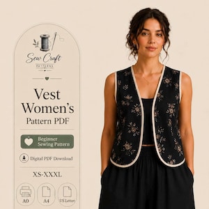 May include: A black vest with a floral pattern and light-colored trim, shown alongside a digital pattern information panel labeled Sew Craft Patterns, Vest Women's Pattern PDF, Beginner Sewing Pattern, Digital PDF Download, XS-XXXL, A0, A4, US Letter.