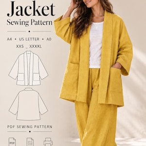 May include: A digital sewing pattern for a jacket by SEWCRAFT PATTERNS. The document includes A4, US Letter, and A0 formats for sizes XXS to XXXXL. It features a line drawing of a jacket with two front pockets and a loose, open-front silhouette.