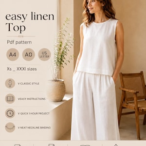 May include: A digital PDF sewing pattern for an easy linen top by SewCraft Patterns. The document includes A4, A0, and US Letter formats for sizes XS to XXXL. Features include classic style, easy instructions, a one-hour project time, and neat neckline binding.