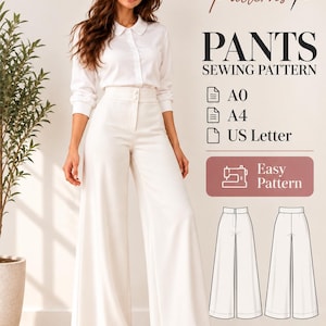 May include: A digital sewing pattern for wide-leg pants labeled SEWCRAFT Patterns. The image displays a white long-sleeve collared shirt and high-waisted white wide-leg pants. Text includes A0, A4, US Letter, Easy Pattern, and sizes XS-XXXL.