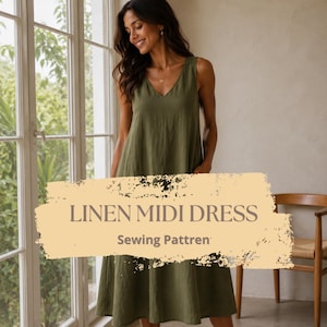 Linen Midi Summer Dress Sewing Pattern PDF, Cottagecore V Neck Dress, Women’s Linen Dress Pattern, Sizes TP-4XL