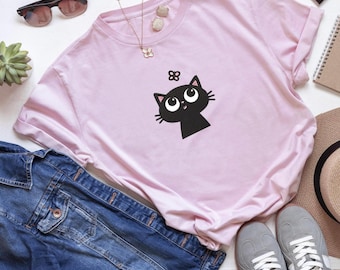 Simpatico disegno ricamato di gatto e farfalla – Gatto nero kawaii