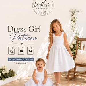 Peut inclure: Un patron de couture numérique pour une robe blanche sans manches avec un corsage smocké et des bretelles à volants, avec le texte 'Sew Craft PATTERNS', 'Dress Girl Pattern', 'US LETTER', 'A0', 'A4' et 'FROM 6 MONTH TO 10 YEARS'.