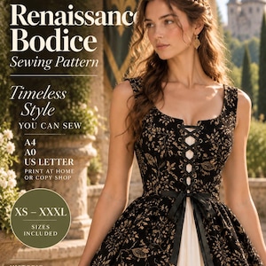Może przedstawiać: Wykrój krawiecki na gorset renesansowy z tekstem SewCraft Patterns Renaissance Bodice Sewing Pattern Timeless Style You Can Sew A4 A0 US Letter Print at Home or Copy Shop XS-XXXL Sizes Included Historic Inspired Modern Making.