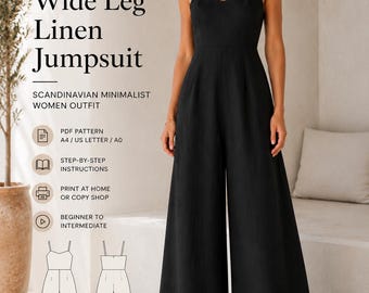 May include: A black wide-leg jumpsuit with thin spaghetti straps and a sweetheart neckline. The image includes text: SewCraft Patterns, Wide Leg Linen Jumpsuit, Scandinavian Minimalist Women Outfit, PDF Pattern A4/US Letter/A0, XS-5XL Inclusive Sizing.
