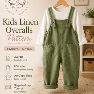 Op de afbeelding: Olijfgroene linnen tuinbroek met twee voorzakken en bruine knopen op de schouderbanden, gedragen over een wit shirt met lange mouwen. De tekst luidt SewCraft Patterns, Kids Linen Overalls Pattern, 6 Months - 10 Years, A4 PDF, US Letter, A0 Copy Shop, Step-by-Step Tutorial, Instant Download, PDF Sewing Pattern.