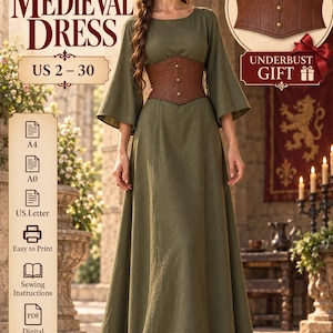 Peut inclure: Un patron de couture numérique pour une robe vert olive longue jusqu'au sol avec des manches évasées et une encolure ronde. L'ensemble comprend un corset sous-poitrine marron avec trois boutons. Texte : SewCraft Patterns, Medieval Dress, US 2-30.