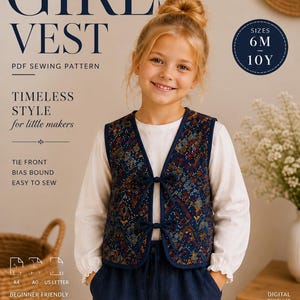 Peut inclure: Un patron de couture PDF pour un gilet de fille, présentant un gilet bleu foncé avec un motif géométrique multicolore, deux fermetures à nouer sur le devant et des bords biaisés. Le texte indique Girls' Vest, PDF Sewing Pattern, Sizes 6M-10Y.