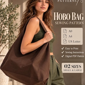 Może przedstawiać: Cyfrowy wykroj krawiecki na torbę typu hobo z napisem SEWCRAFT PATTERNS. Dokument zawiera formaty A0, A4 i US Letter, instrukcje szycia oraz dwa rozmiary: mały i duży. Tekst wskazuje, że jest to cyfrowy wykroj w formacie PDF.
