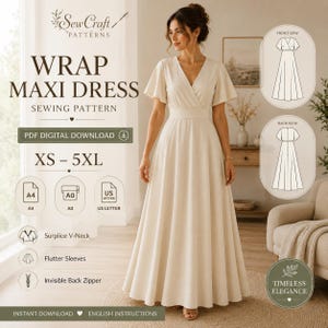 Peut inclure: Un patron de couture numérique pour une robe longue portefeuille couleur crème avec un col en V croisé, des manches volantées et une fermeture éclair invisible au dos. Inclut des vues avant et arrière, tailles XS-5XL et formats A4, A0, US letter.