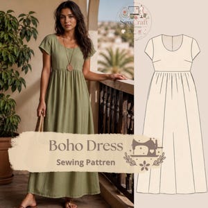 Peut inclure: Une robe longue vert olive avec des manches courtes, une encolure ronde et une taille froncée. L'image comprend un dessin technique de la robe et le texte Boho Dress Sewing Pattren accompagné d'une icône de machine à coudre.