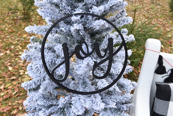 Joy Round Christmas Wood Stained Christmas Tree Front Door Word Wood Cut Wall Art Sign Decor